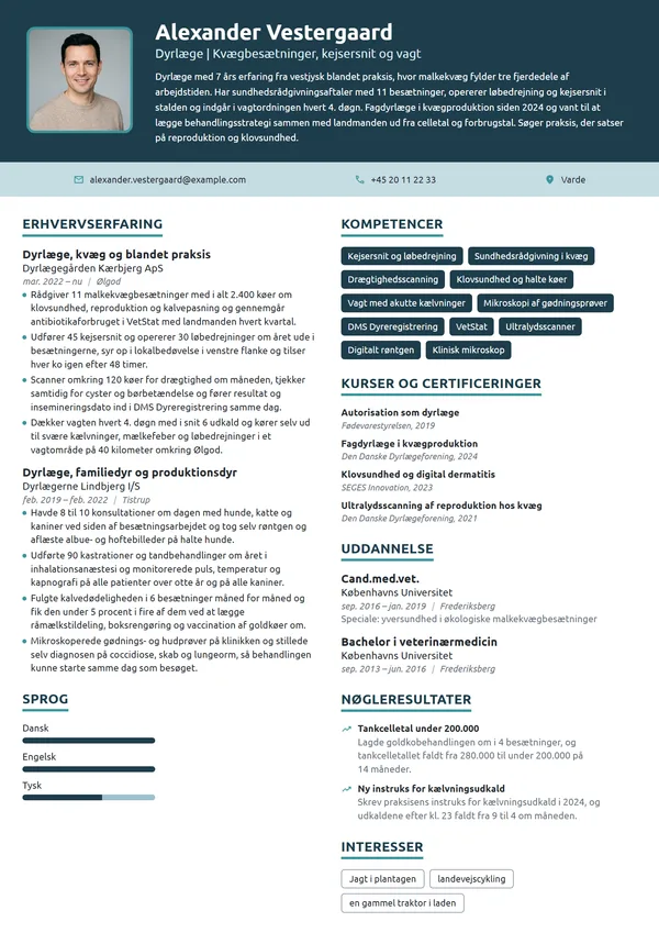 CV-eksempel til dyrlæge i kvæg- og blandet praksis