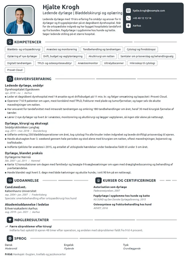 CV-eksempel til ledende dyrlæge på dyrehospital