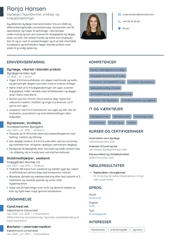 CV-eksempel til nyuddannet dyrlæge, smådyr og kvæg