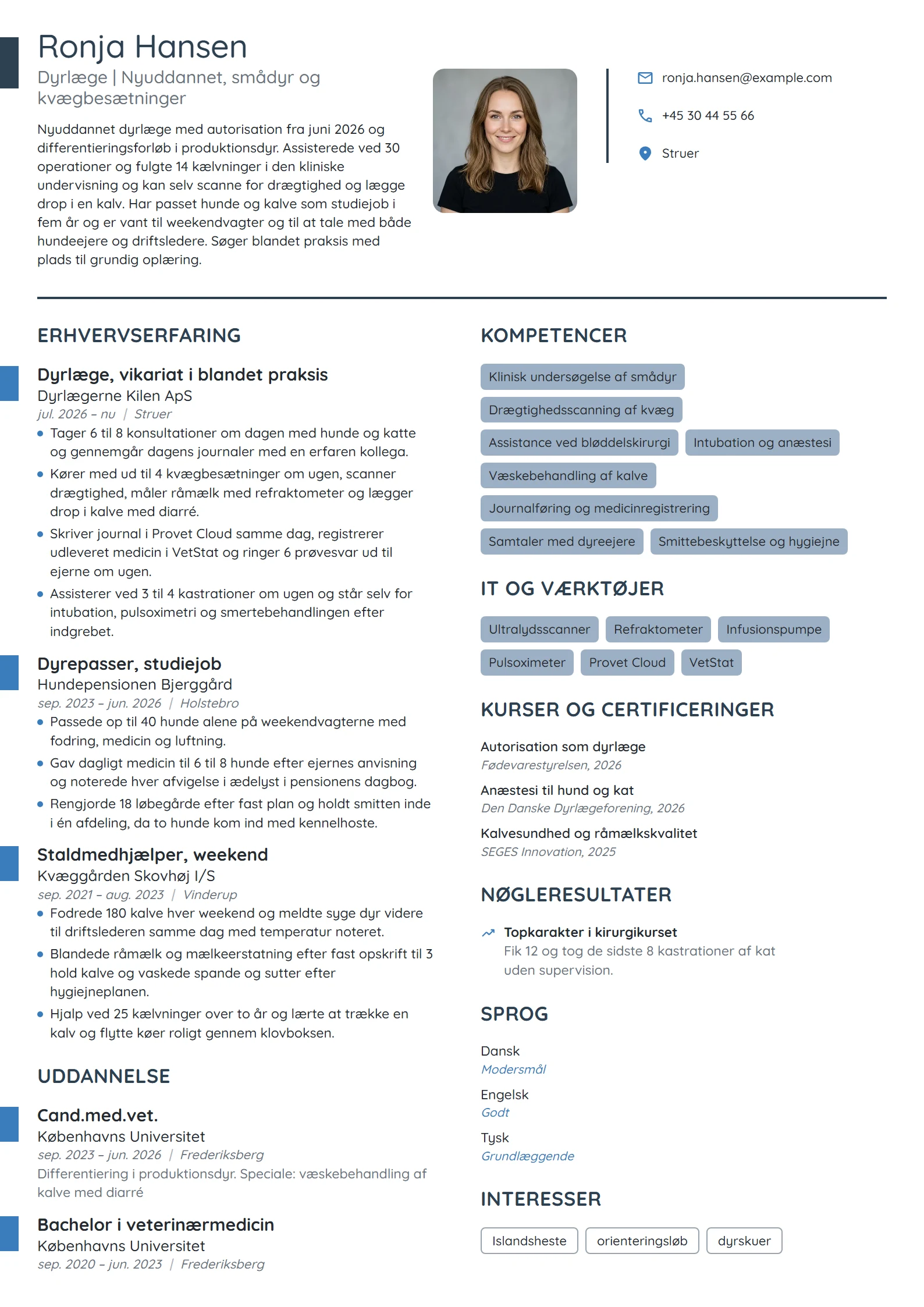 CV-eksempel til nyuddannet dyrlæge, smådyr og kvæg