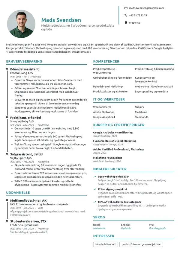 CV-eksempel til nyuddannet multimediedesigner i e-handel