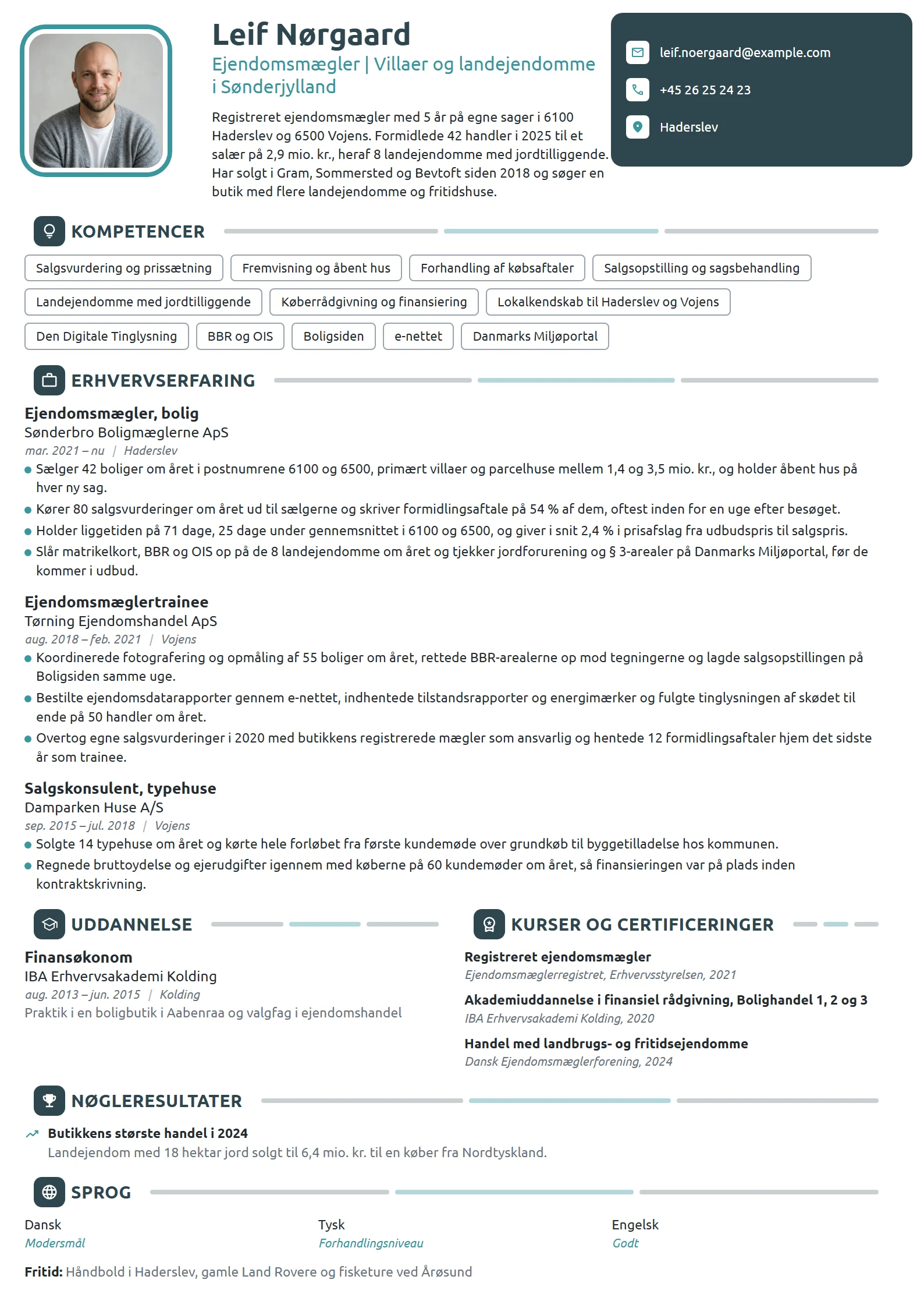 CV-eksempel til erfaren mægler, villaer og landejendomme