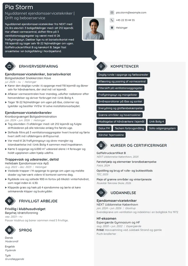 CV-eksempel til nyuddannet ejendomsservicetekniker