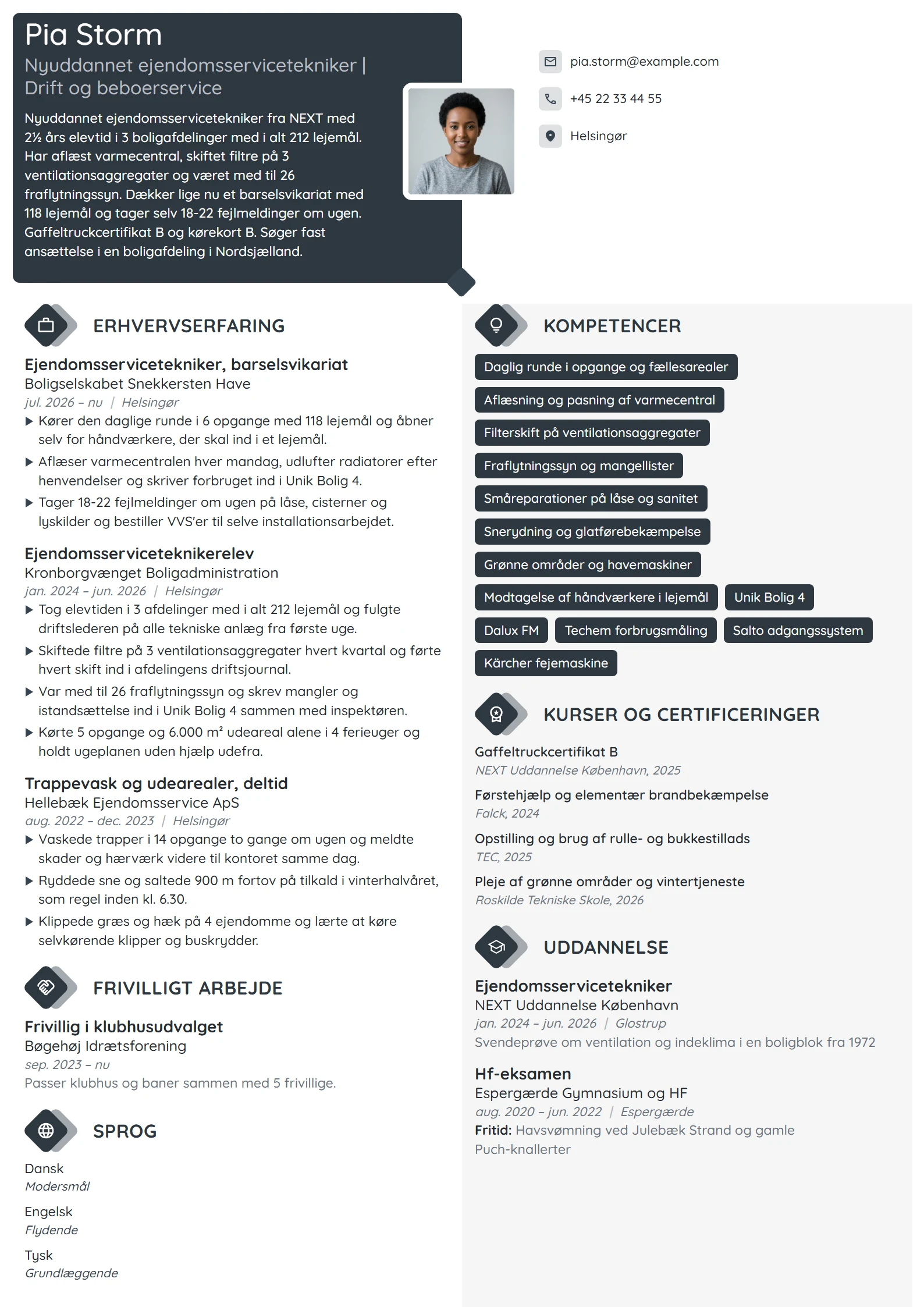 CV-eksempel til nyuddannet ejendomsservicetekniker