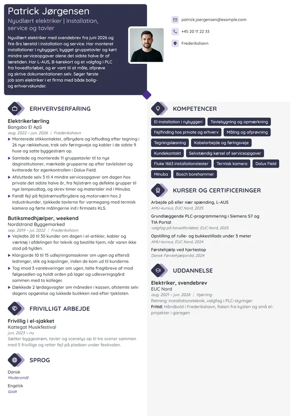 CV-eksempel til nyudlært elektriker med svendebrev