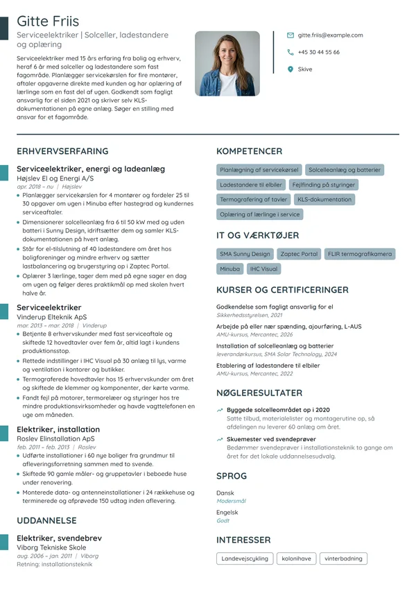 CV-eksempel til serviceelektriker med lærlingeansvar