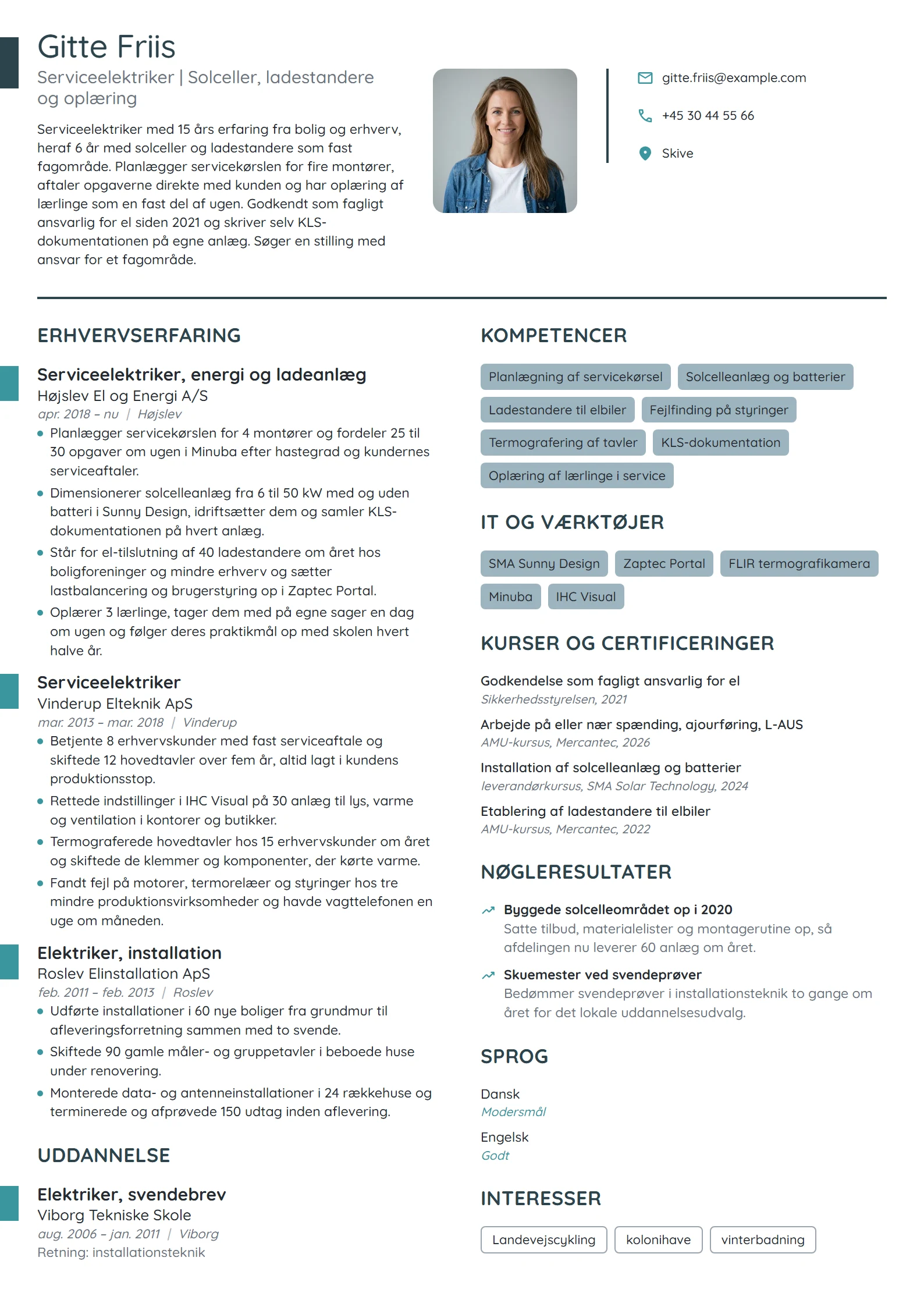 CV-eksempel til serviceelektriker med lærlingeansvar