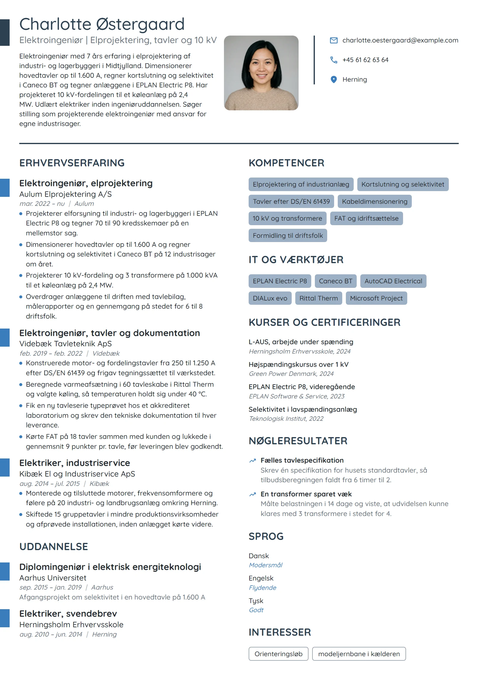 CV-eksempel til erfaren elektroingeniør i elprojektering