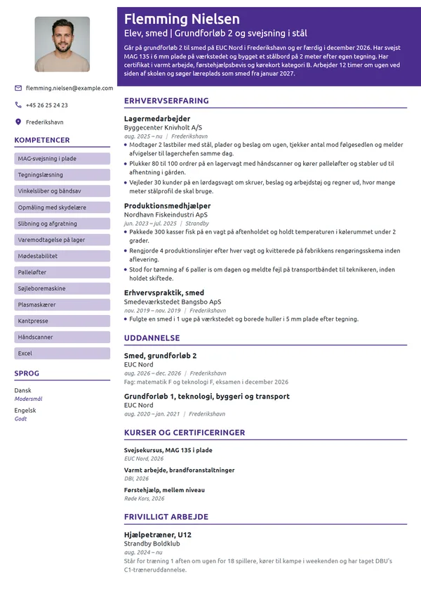 CV-eksempel til elev på grundforløb 2, smed
