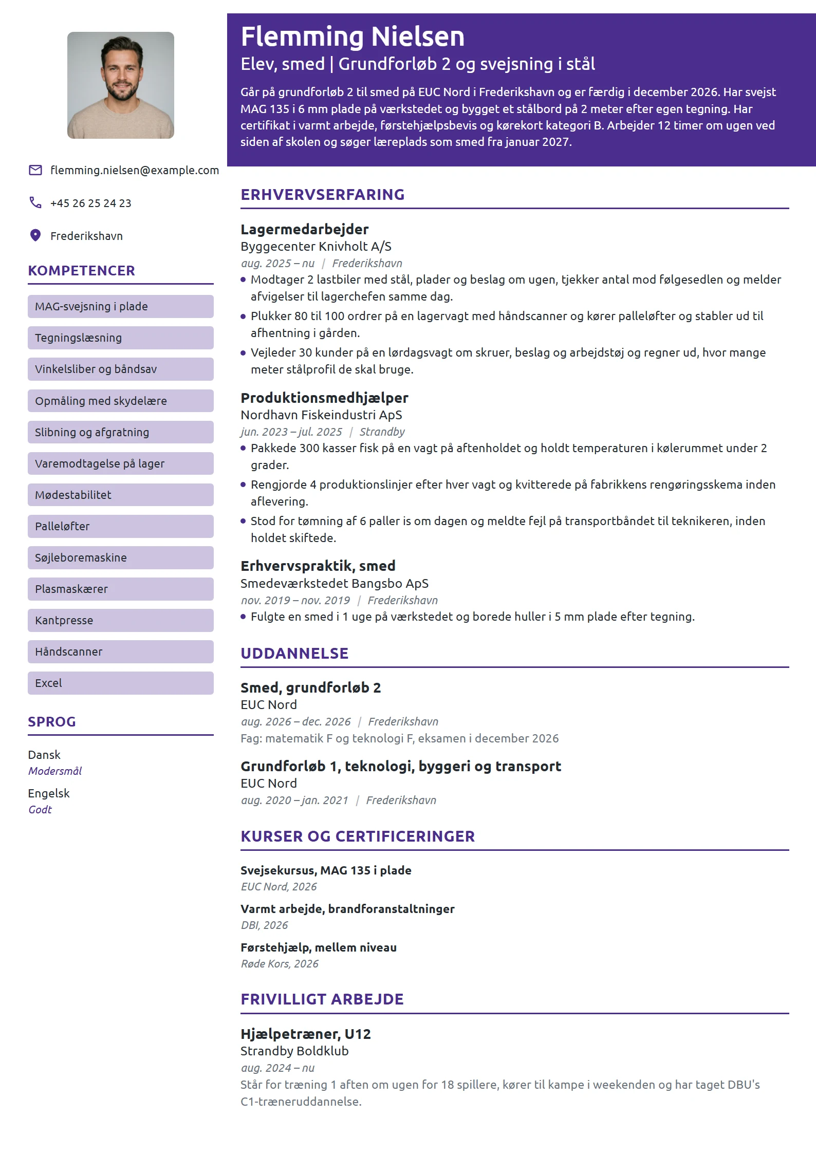 CV-eksempel til elev på grundforløb 2, smed