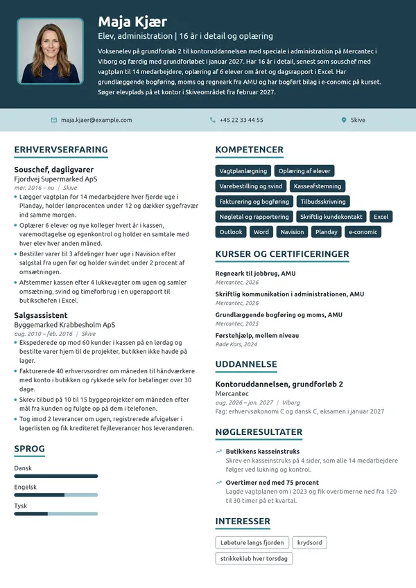 CV-eksempel til voksenelev med 16 år i detailhandlen