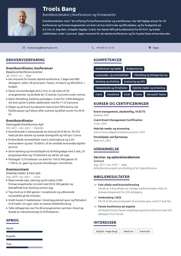 CV-eksempel til erfaren eventkoordinator, konferencer