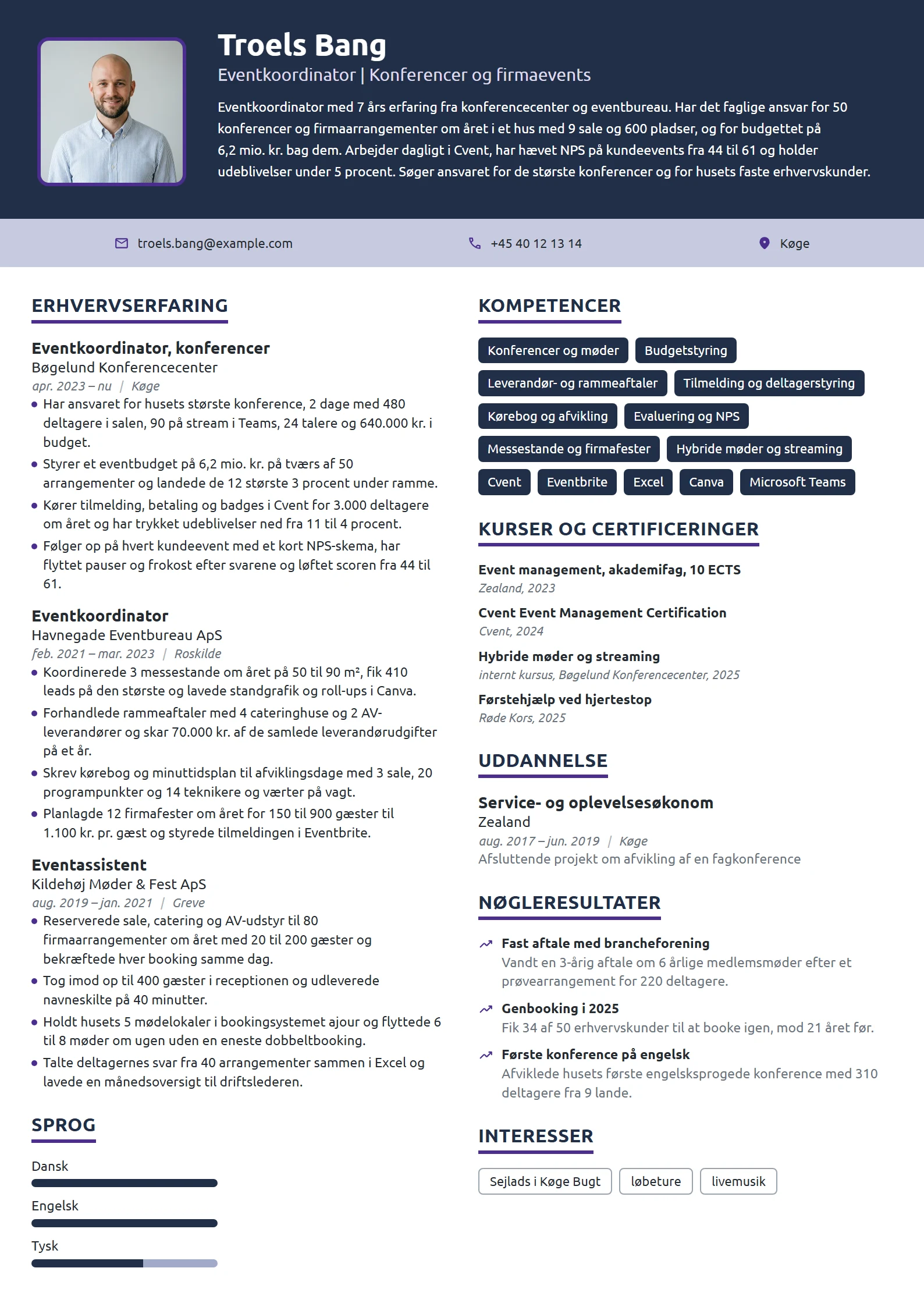 CV-eksempel til erfaren eventkoordinator, konferencer