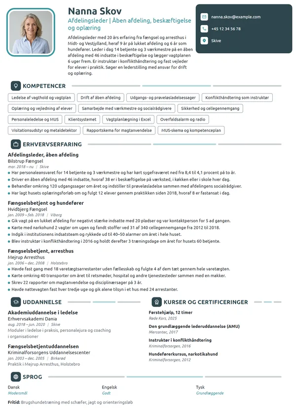 CV-eksempel til afdelingsleder i åbent fængsel