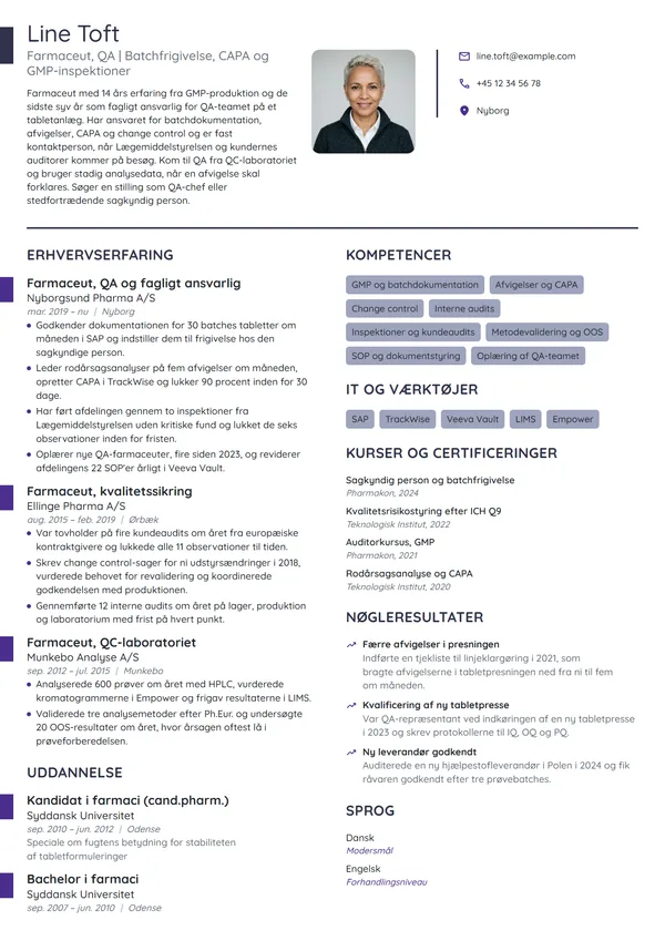 CV-eksempel til QA-farmaceut med teamansvar