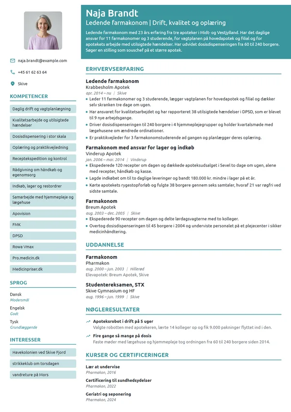 CV-eksempel til ledende farmakonom med kvalitetsansvar