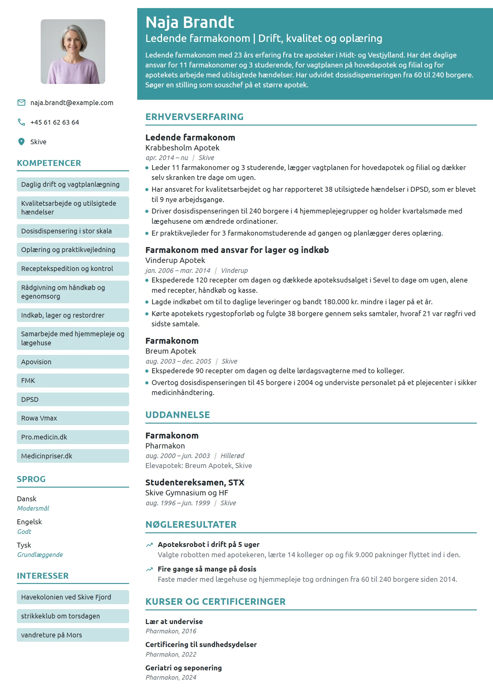 CV-eksempel til ledende farmakonom med kvalitetsansvar