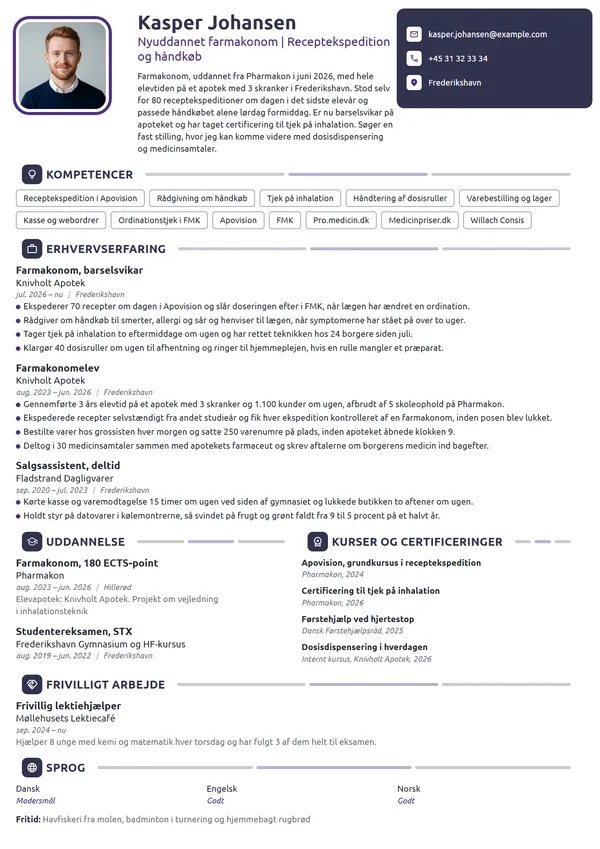 CV-eksempel til nyuddannet farmakonom med 3 års elevtid