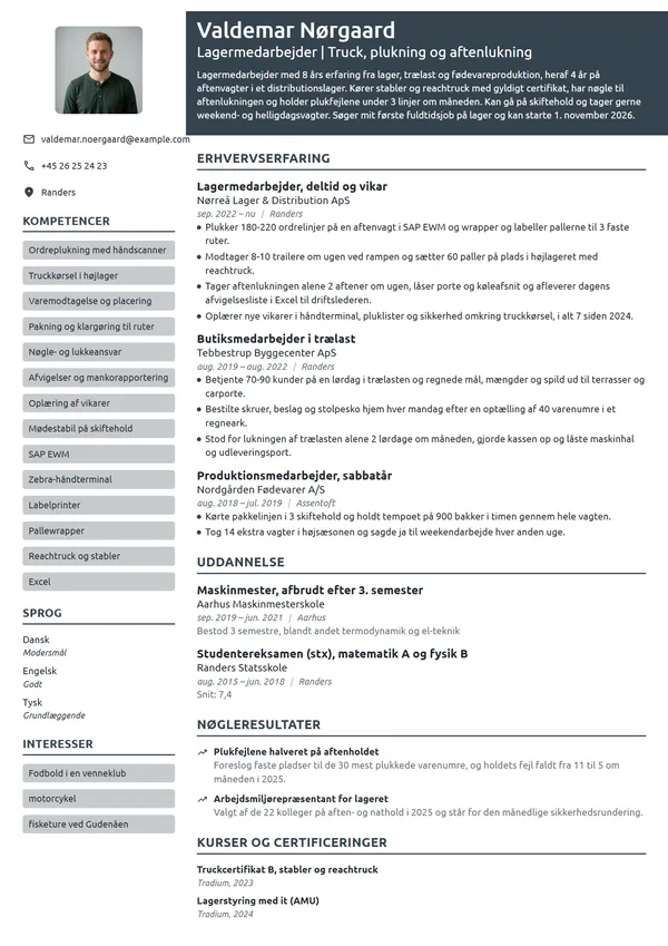 CV-eksempel til første fuldtidsjob på lager