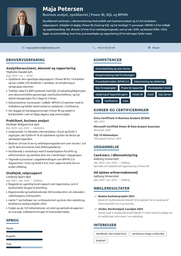 CV-eksempel til nyuddannet business analyst