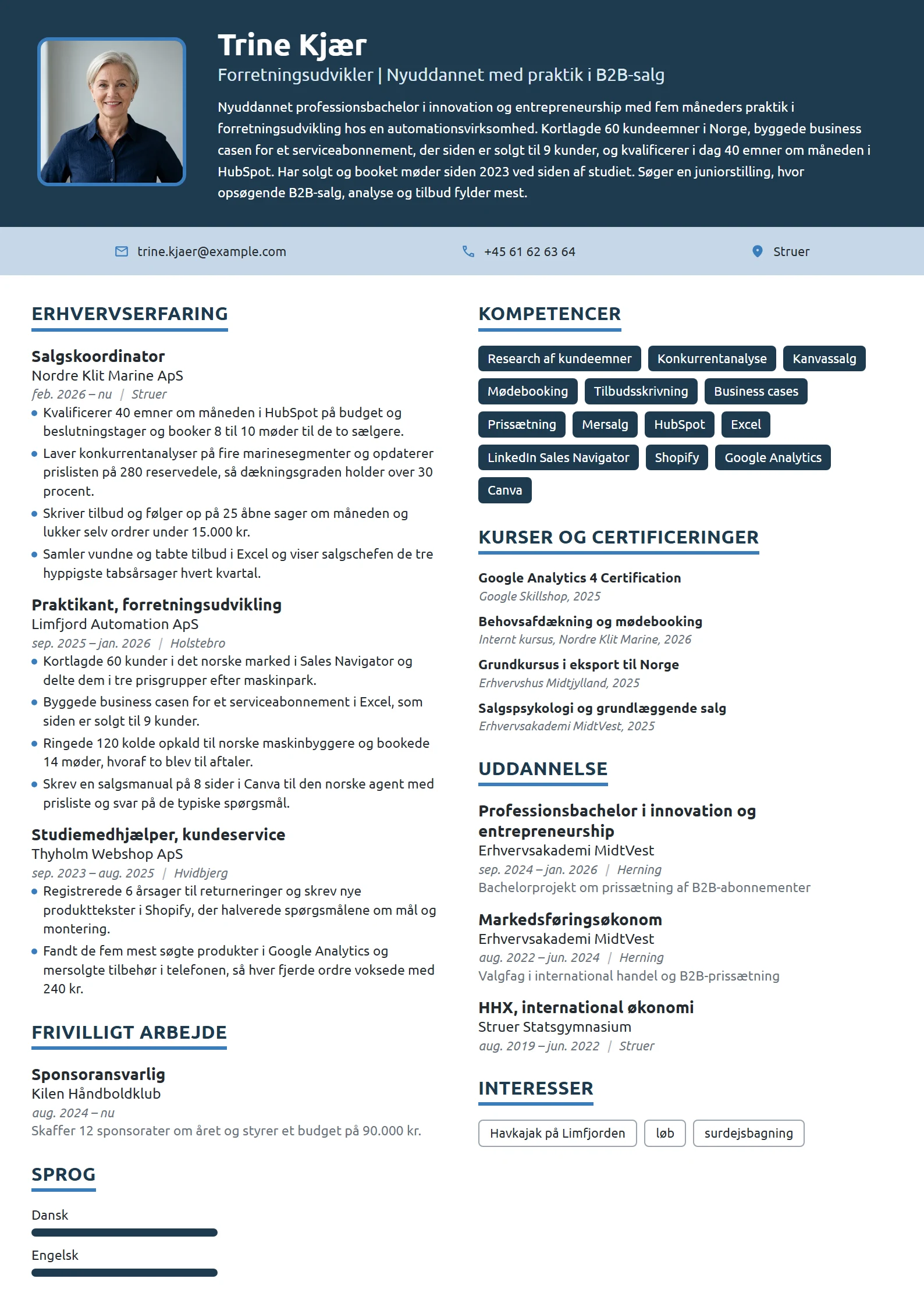 CV-eksempel til nyuddannet forretningsudvikler