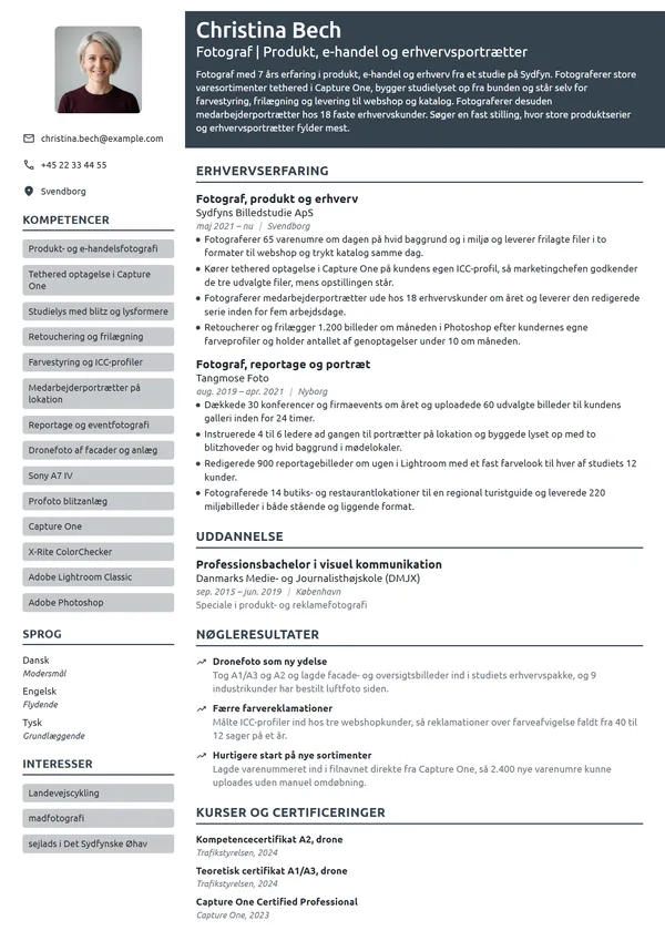 CV-eksempel til erfaren fotograf i produkt og e-handel