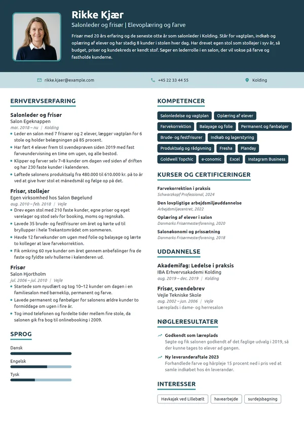CV-eksempel til salonleder med ansvar for elever