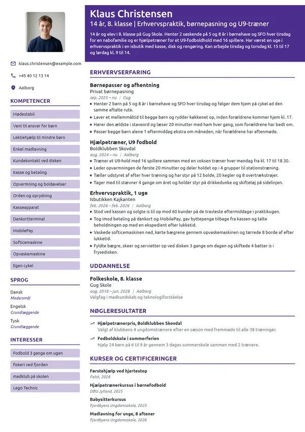 CV-eksempel til første CV uden job, 14 år