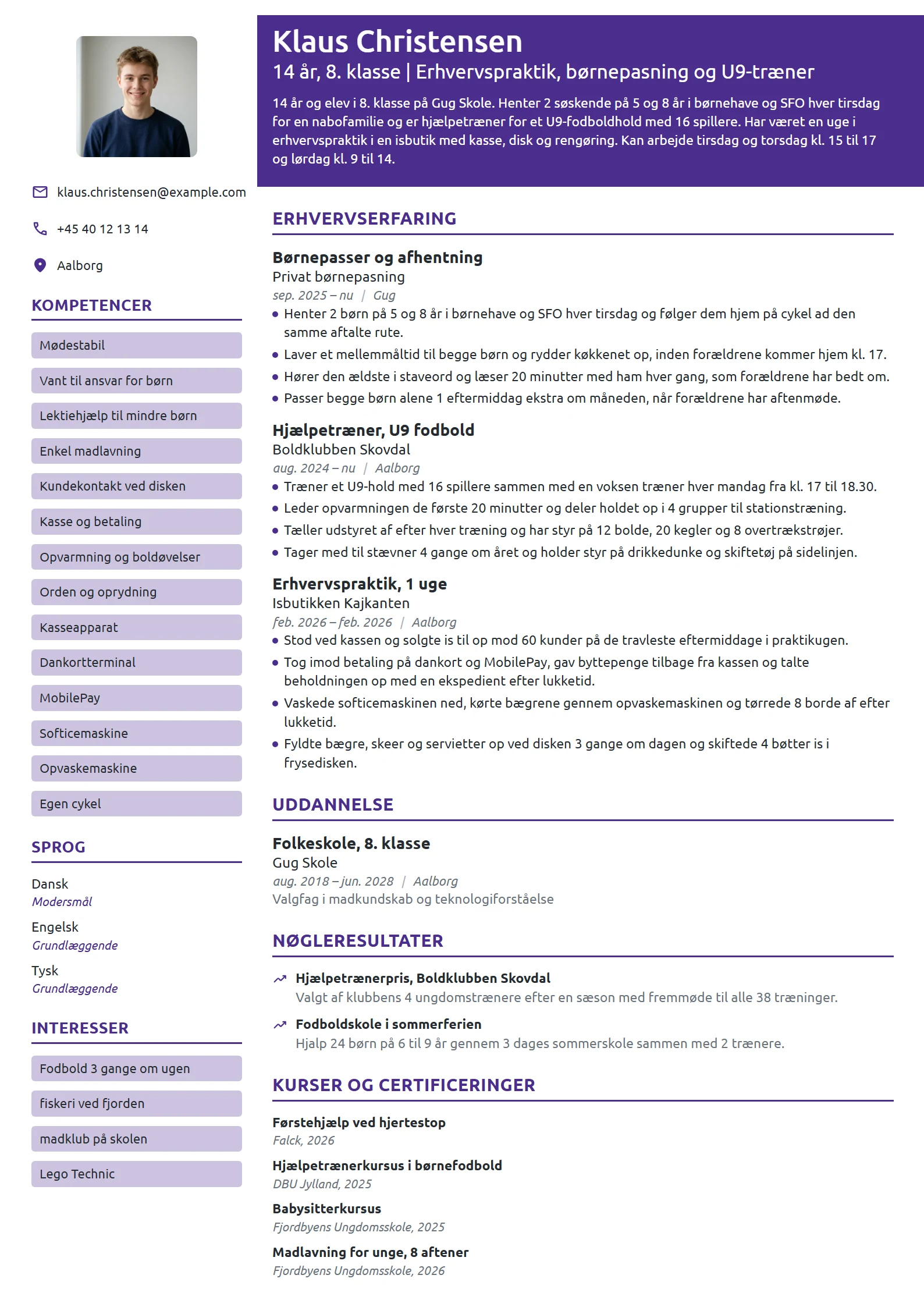CV-eksempel til første CV uden job, 14 år