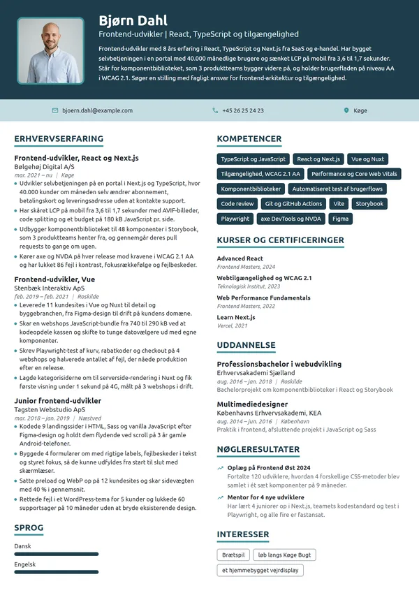 CV-eksempel til erfaren frontend-udvikler i React