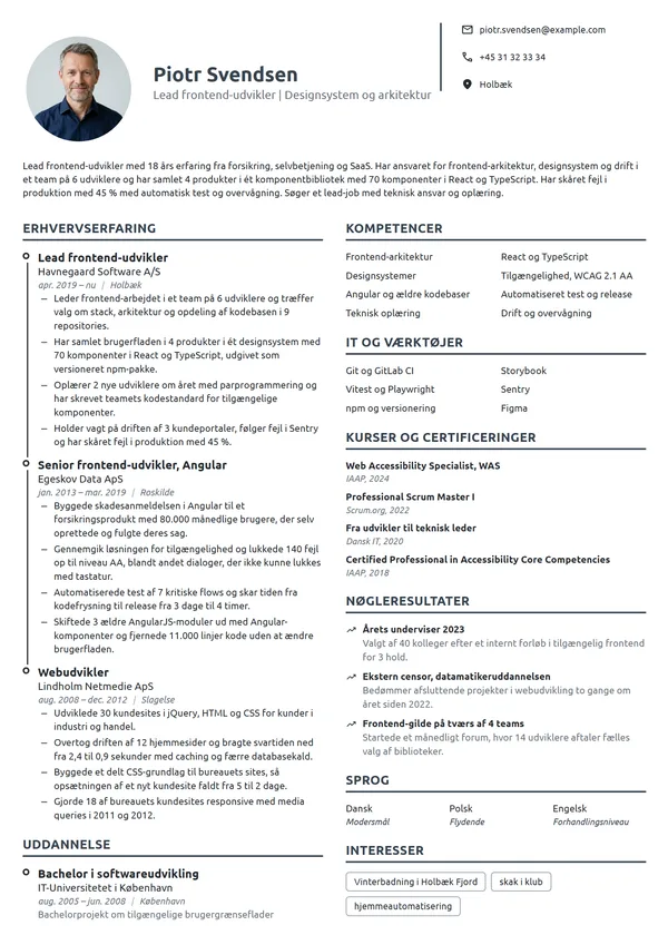 CV-eksempel til lead frontend-udvikler med teamansvar