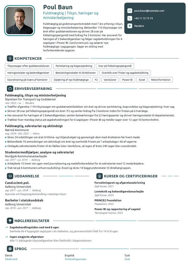 CV-eksempel til fuldmægtig i tilsyn og ministerbetjening