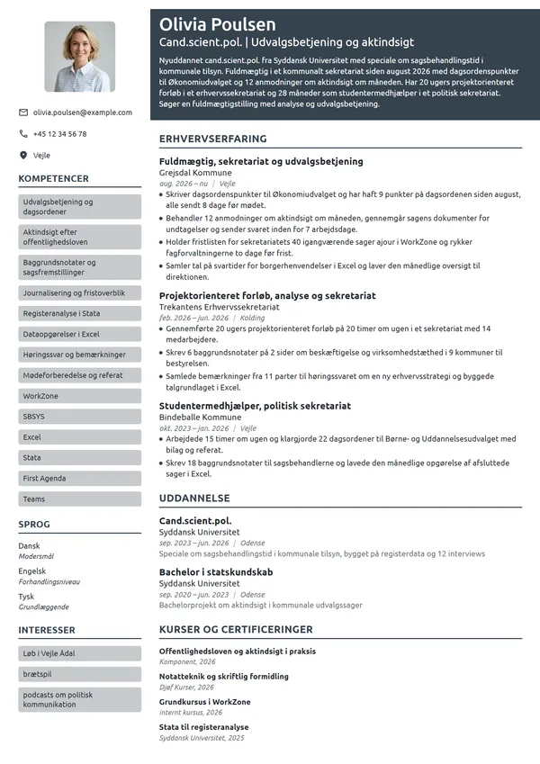 CV-eksempel til nyuddannet fuldmægtig i sekretariat