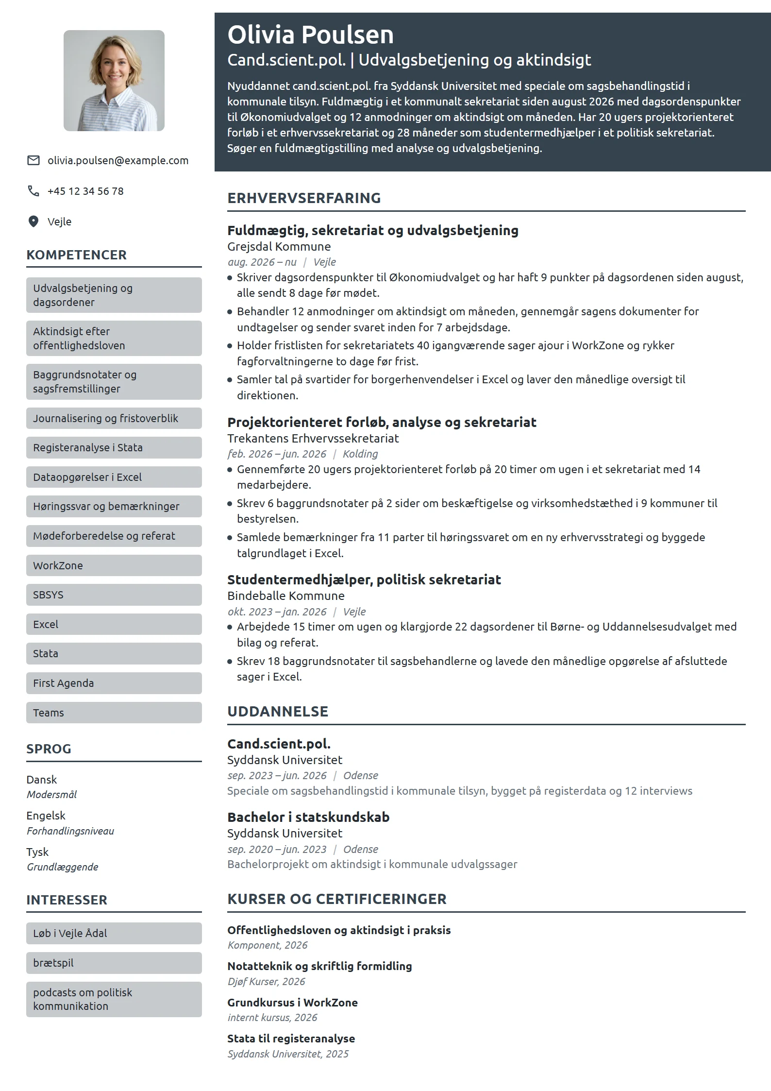 CV-eksempel til nyuddannet fuldmægtig i sekretariat