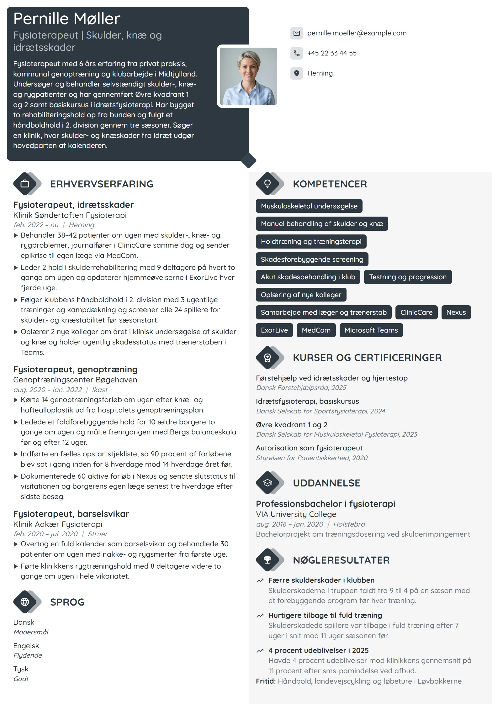 CV-eksempel til erfaren fysioterapeut, idrætsskader