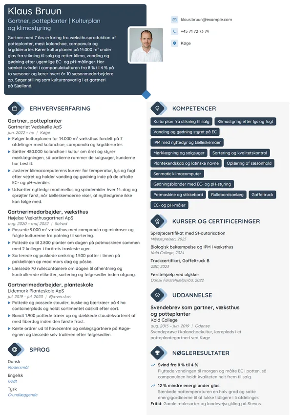 CV-eksempel til erfaren gartner i væksthus