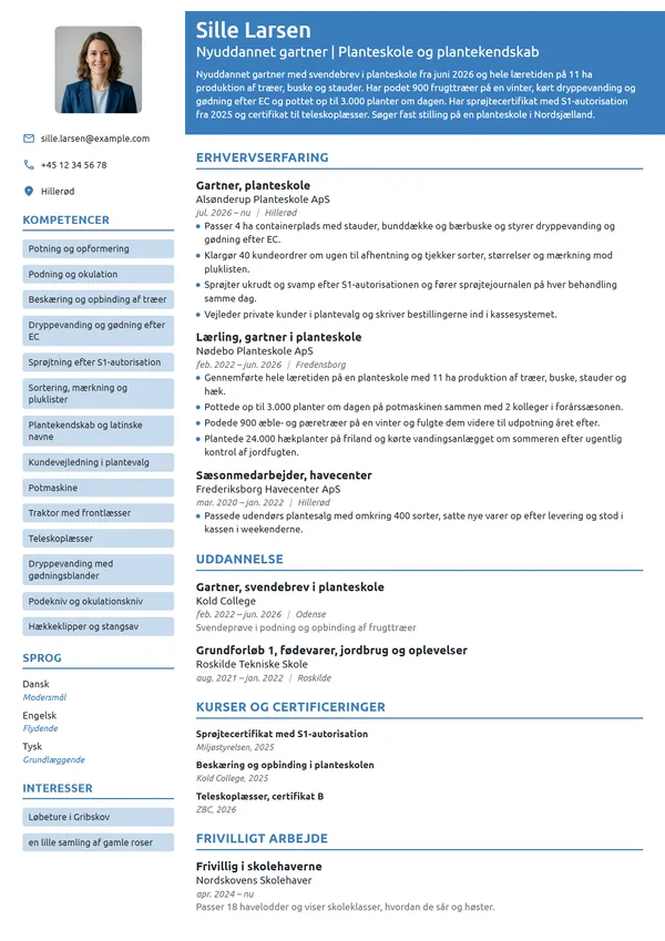 CV-eksempel til nyuddannet gartner i planteskole