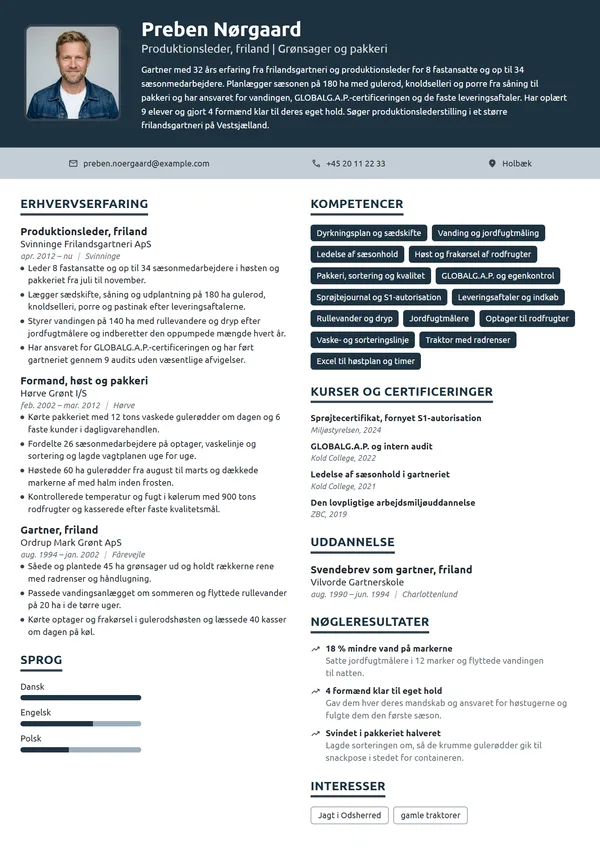 CV-eksempel til produktionsleder i frilandsgartneri