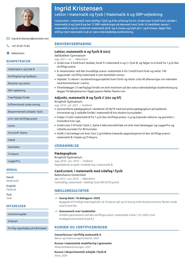 CV-eksempel til lektor i matematik og fysik på stx