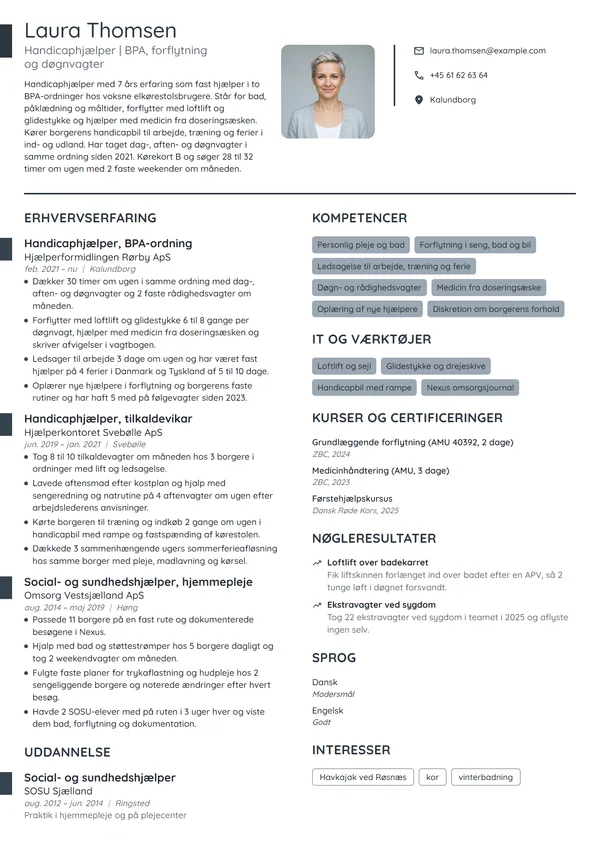 CV-eksempel til erfaren BPA-hjælper i døgnvagter