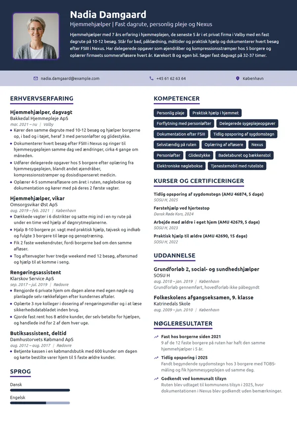 CV-eksempel til erfaren hjemmehjælper på fast rute
