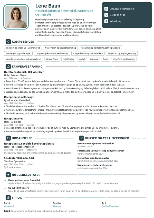 CV-eksempel til erfaren hotelreceptionist på kysthotel