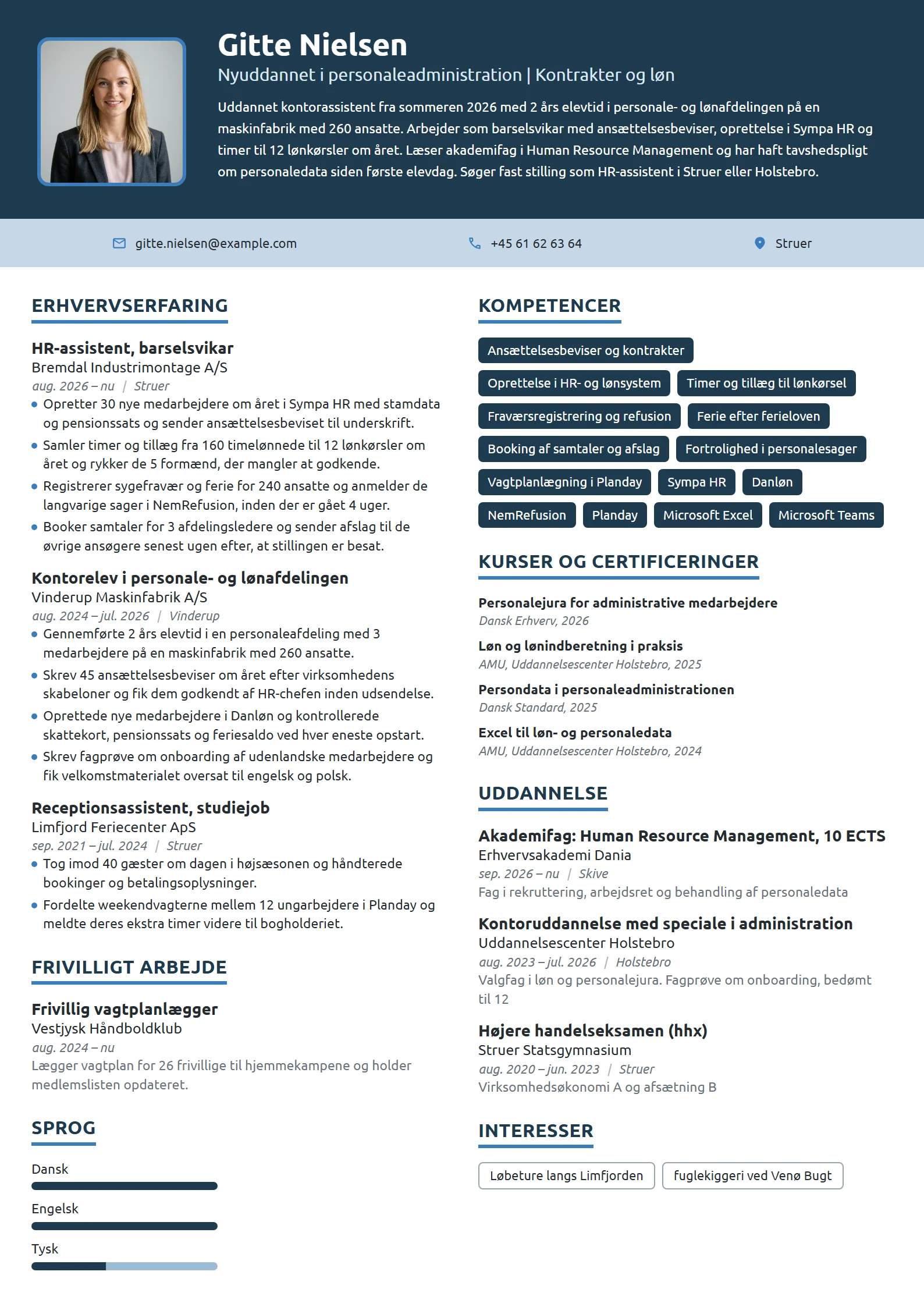 CV-eksempel til nyuddannet HR-assistent med elevtid