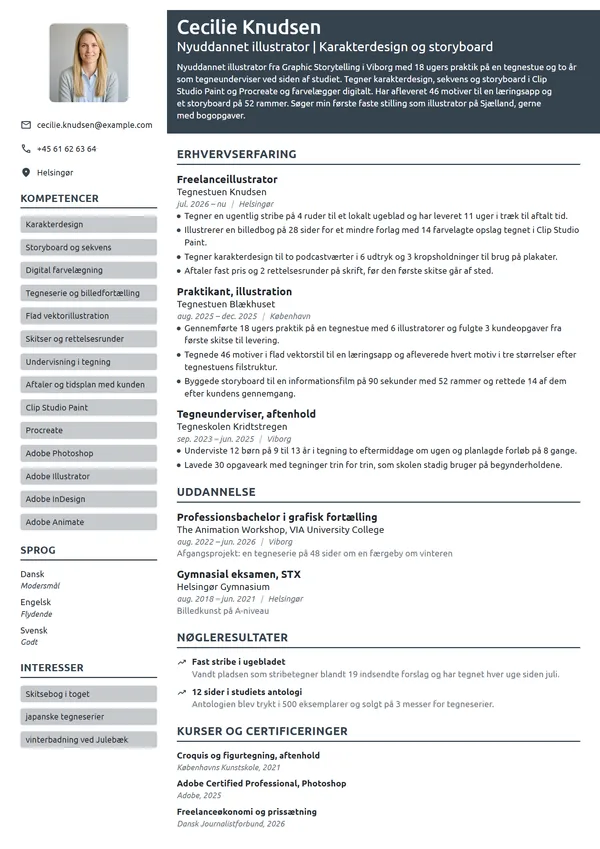 CV-eksempel til nyuddannet illustrator med praktik