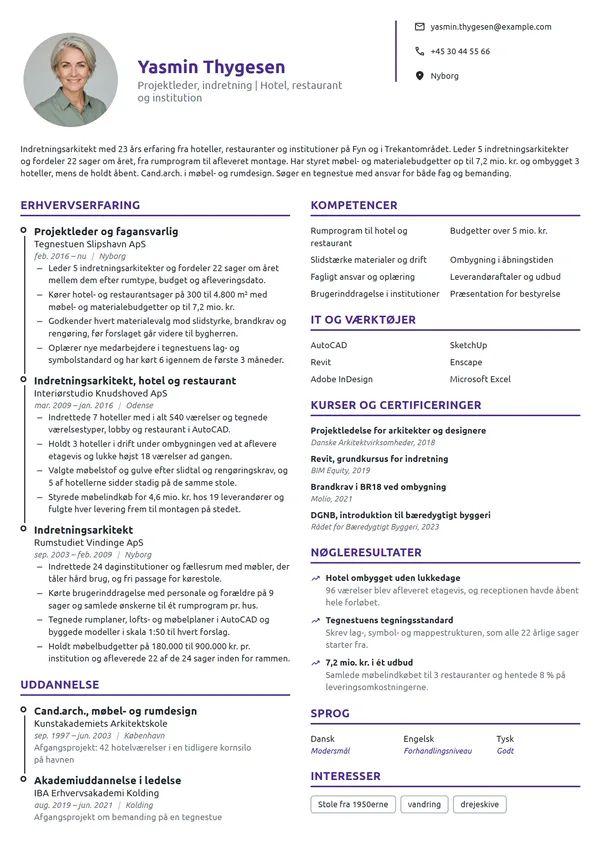 CV-eksempel til fagansvarlig indretningsarkitekt, hotel