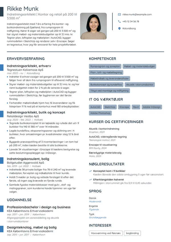 CV-eksempel til indretningsarkitekt i kontor og retail