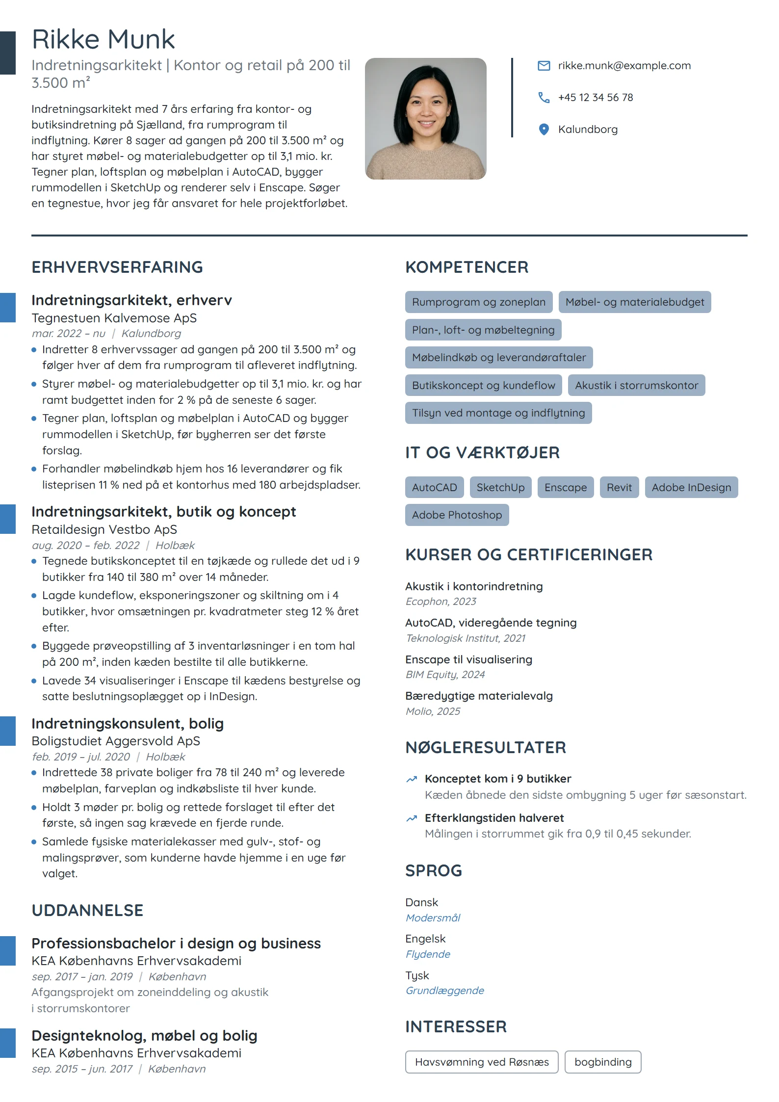 CV-eksempel til indretningsarkitekt i kontor og retail
