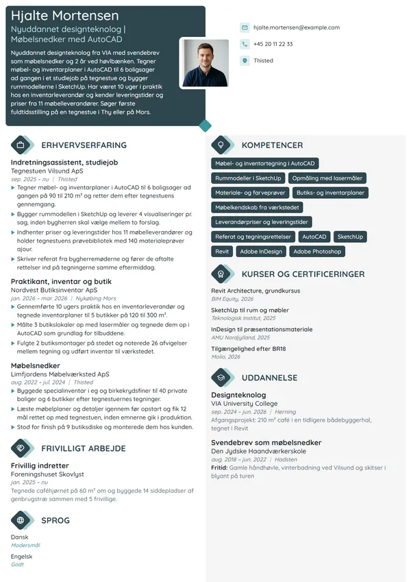 CV-eksempel til nyuddannet designteknolog, møbelsnedker
