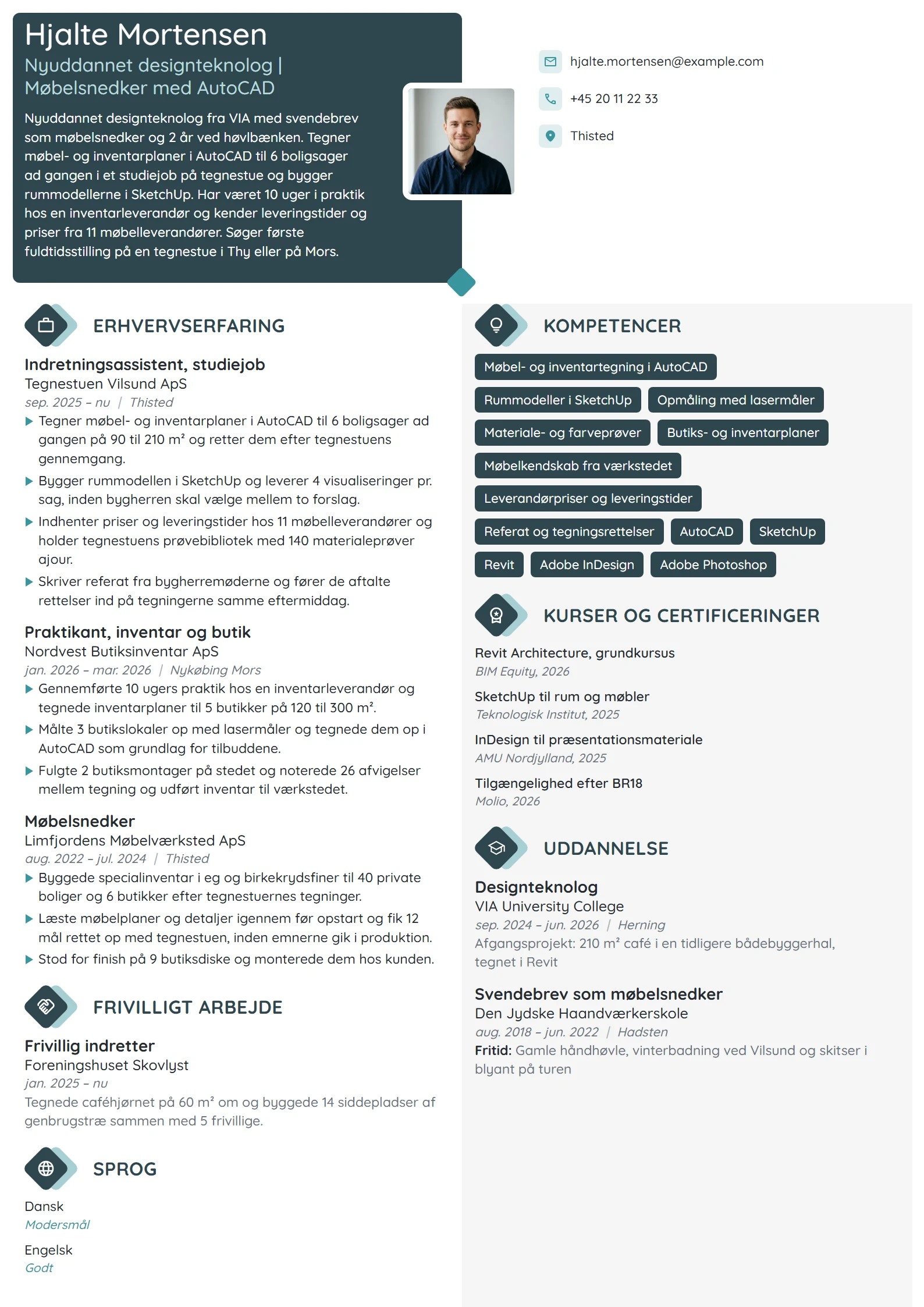 CV-eksempel til nyuddannet designteknolog, møbelsnedker