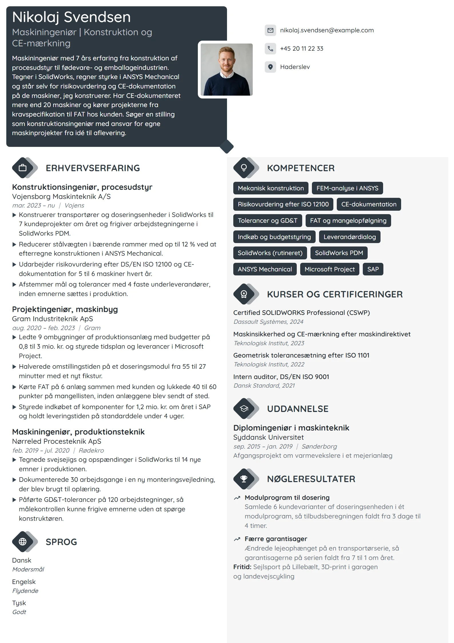 CV-eksempel til erfaren maskiningeniør i konstruktion